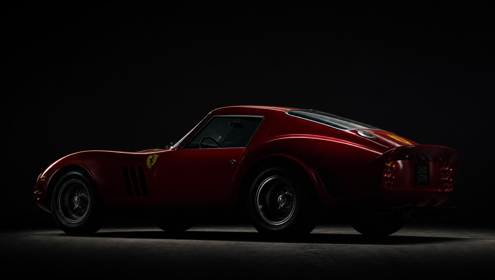 Classic red Ferrari 250 GTO lit in a dark studio